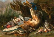 gamepiece with a hare and various wild birds a cat approaching from the righ